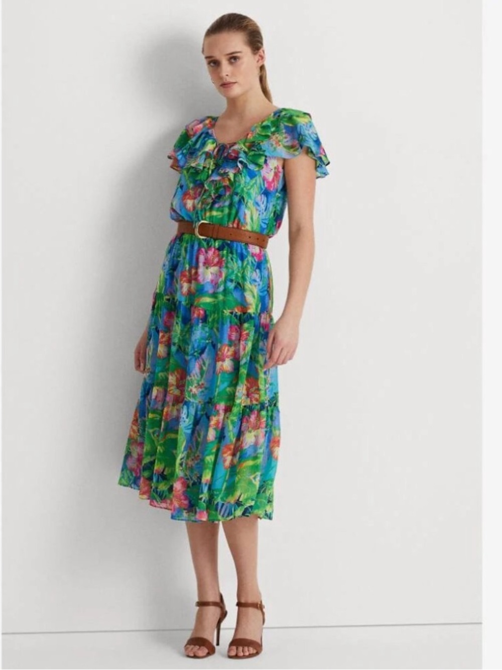 Lauren Ralph Lauren Floral Crinkle Georgette Tiered Dress Size 14